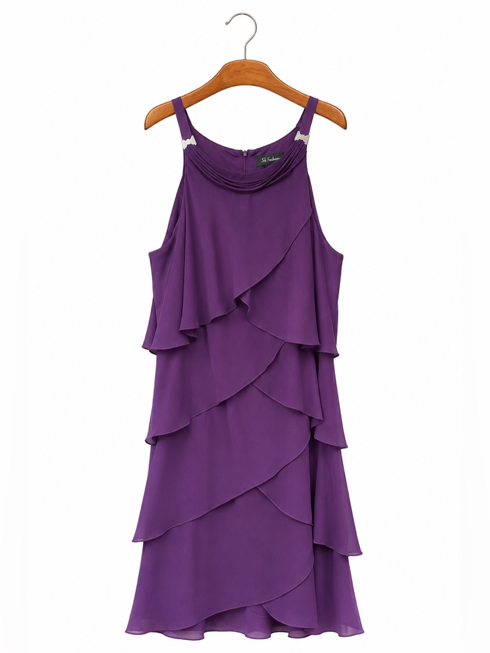 SL Fashions Purple Cold Shoulder Tiered Chiffon Dress Size 14